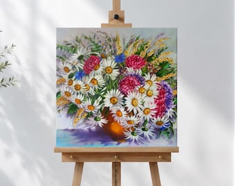 Original Daisy Oil Painting, Floral Bouquet Still Life, Handmade 20"x20"