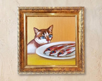 Funny Cat Sardine Oil Painting: Mini Gold Framed Animal Art (4x4)