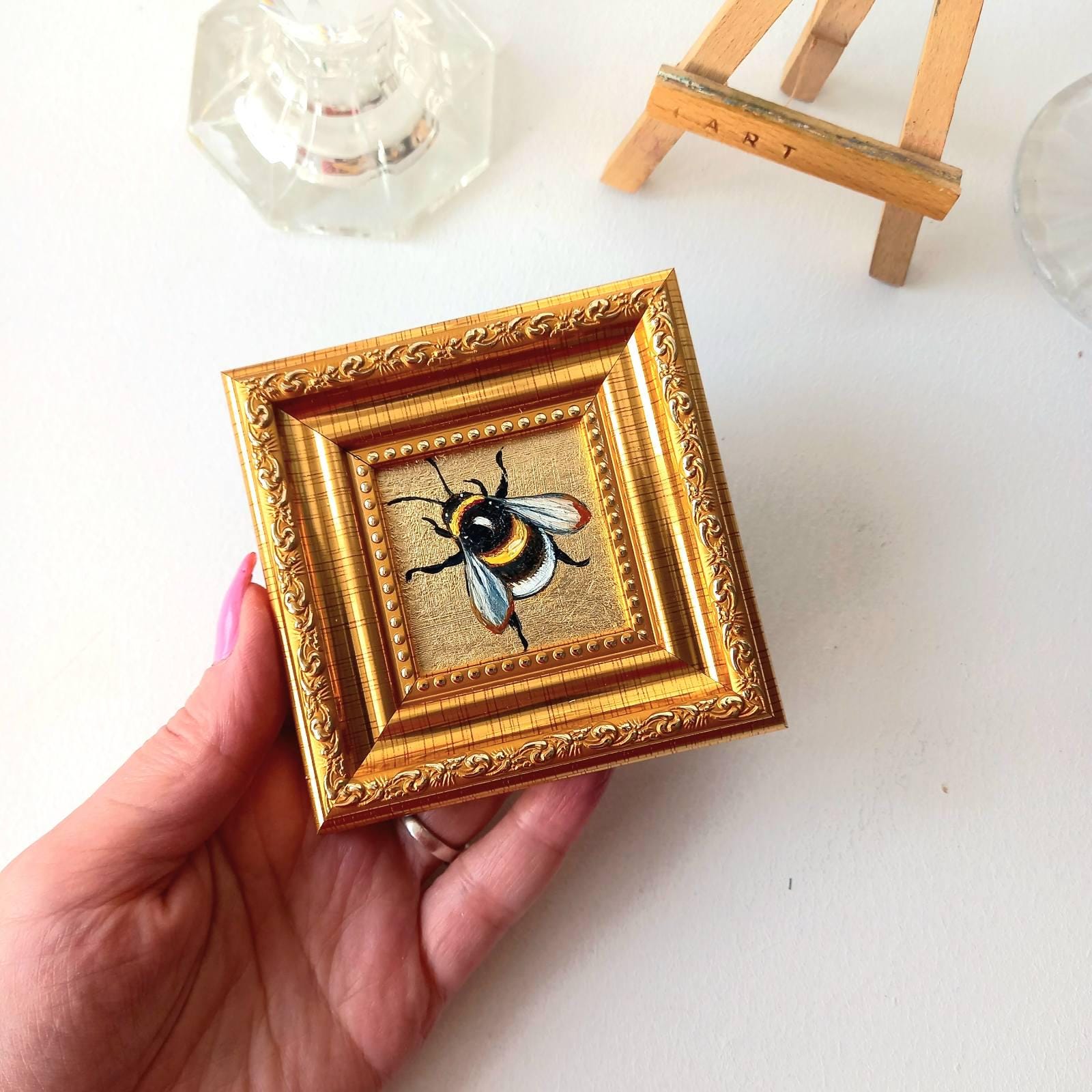 Bumblebee Oil Painting With Gold Frame, Tiny Bee Wall Art (2"x2") - Etsy