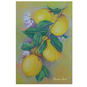 Lemon Branch Pastel Painting: Botanical Fruit Art 12"x 8"