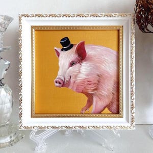 Pintura al óleo de cerdo "Cerdo VIP", caprichosa decoración de pared, cerdito rosa, animales de granja, decoración del hogar, 15 x 15 cm
