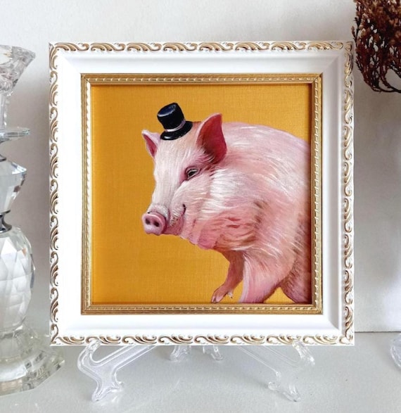 面白い豚の油絵：気まぐれな農場の動物アート、6×6インチ - Etsy 日本