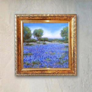 Ölgemälde "Kornblumenfeld" Miniatur Wandlandschaft Blumenwiese im goldenen Bilderrahmen 4x4
