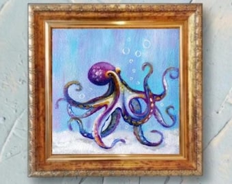Octopus Oil Painting, Underwater animals, Marine Art 4 by 4"