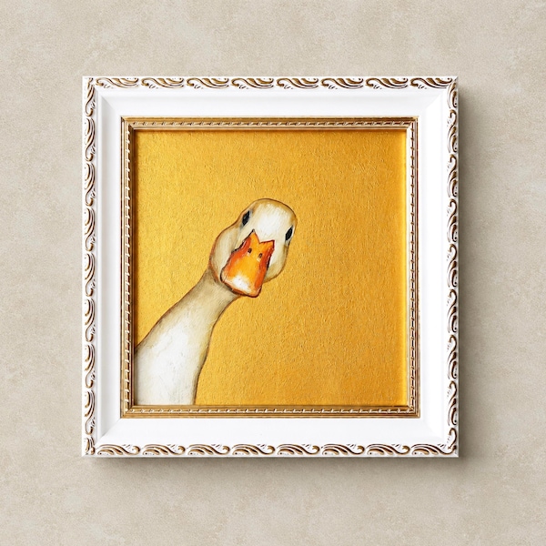 White Goose Oil Painting, Duck portrait, Funny Animal Art, Wall Decor, Friend Gift 6" by 6"