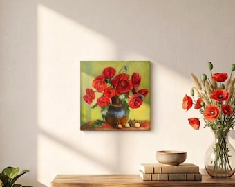 オリジナルの赤いポピーの油絵、花の静物画、8x8キャンバスアート