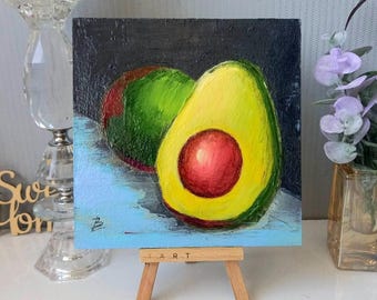 アボカドの絵画、アボカドのオリジナル静物油絵、8x8インチの