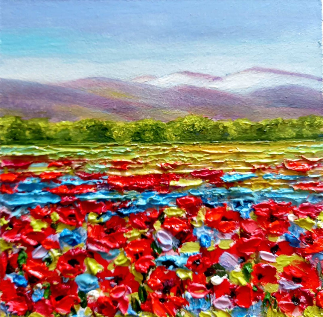 Impasto Poppy Field Oil Painting, Blooming Meadows Small Art 6"by 6" - Etsy