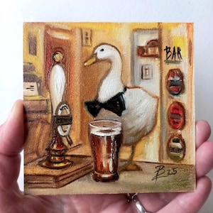 Zabawny obraz gęsi Głupi gęś Miłośnicy piwa Miniaturowy prezent artystyczny gęsi dla taty 4" x 4"