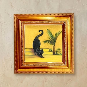 Black Cat Oil Painting, Funny Gold Framed Art 4" by 4"