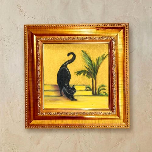 Peinture à l'huile de chat noir, oeuvre d'art encadrée dorée amusante 4" par 4"