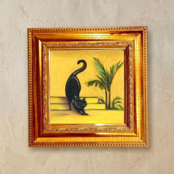 Black Cat Oil Painting, Funny Gold Framed Art 4" by 4"
