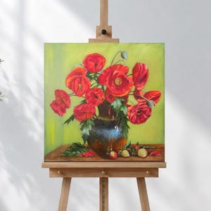 オリジナルの赤いポピーの油絵、花の静物画、8x8キャンバスアート