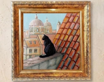 Black Cat Oil Painting: Rooftop Cityscape, Framed Mini Art (4x4)