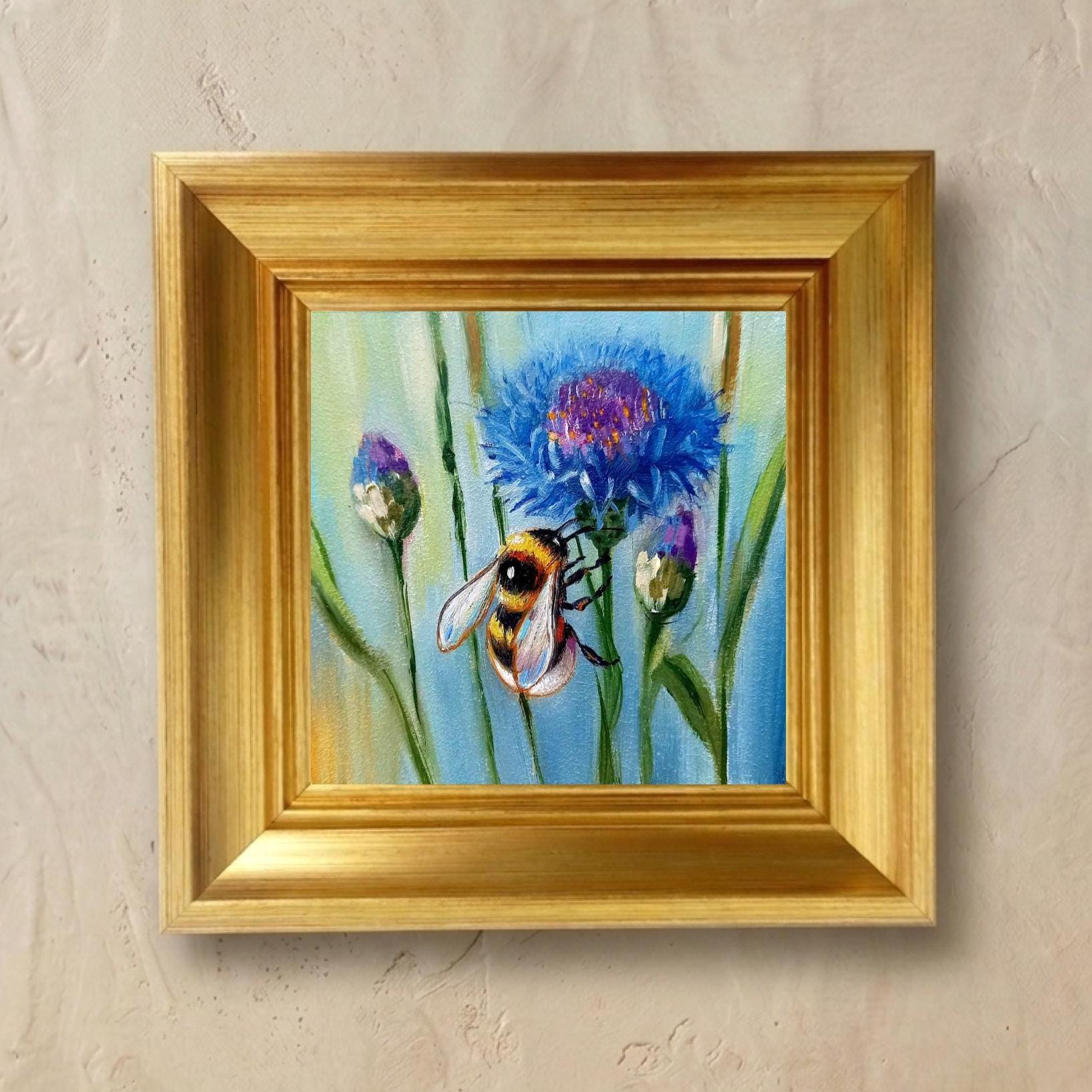 Bumblebee Oil Painting Original, Cornflower Floral Wall Art, Small Bee ...