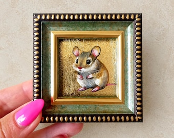 Tiny Mouse Oil Painting on Gold Leaf, Original Miniature Animal Art, Small Framed Gold Painting, Mouse Lover Gift, Micro Art 2x2
