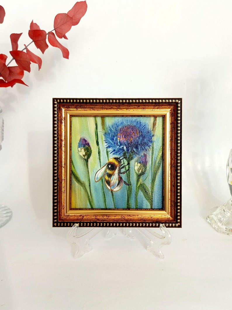 Bumblebee Oil Painting Original, Cornflower Floral Wall Art, Small Bee ...
