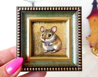 Winzige Maus Ölgemälde auf Blattgold, Original Miniatur Tier Kunst, kleine gerahmte Goldmalerei, Maus Liebhaber Geschenk, Micro Art 2x2