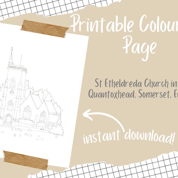 Printable Urban Sketch Colouring Sheet of an English Church - Downloadable sketch to paint/colour at home!