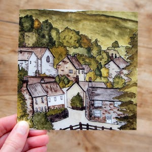 Cartão de felicitações ilustrado da vila - Castleton, Derbyshire - Campo inglês - Cena britânica pitoresca - Arte em aquarela - Artista da Tasmânia