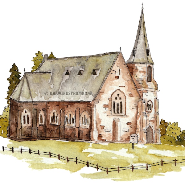Urban Sketch of Historic Church - Uniting Church, Ross, Tasmania - Original Watercolour Print by Tasmanian Artist