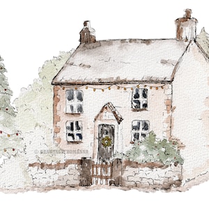 White Winter Cottage - English Christmas Cottage - Peak District, Derbyshire - Illustrated Watercolour Print