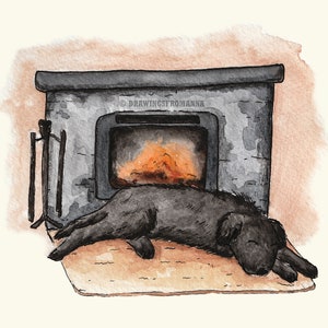 Dog Sleeping by a Cosy Cottage Fireplace - Original Illustration in Watercolour and Pencil - Print