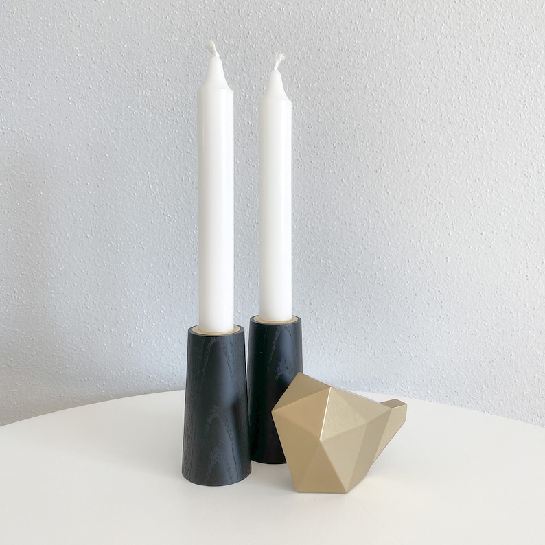 Black Wood Taper Candle Holder Set Minimalist Modern Etsy