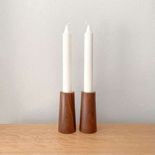 Modern Cherry Wood Taper Candle Holder Set Mid Century Etsy