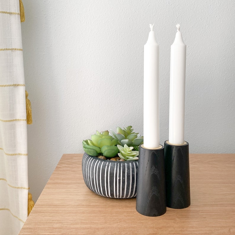 Black Wood Taper Candle Holder Set | Minimalist Modern Candlestick | Ash | Shabbat