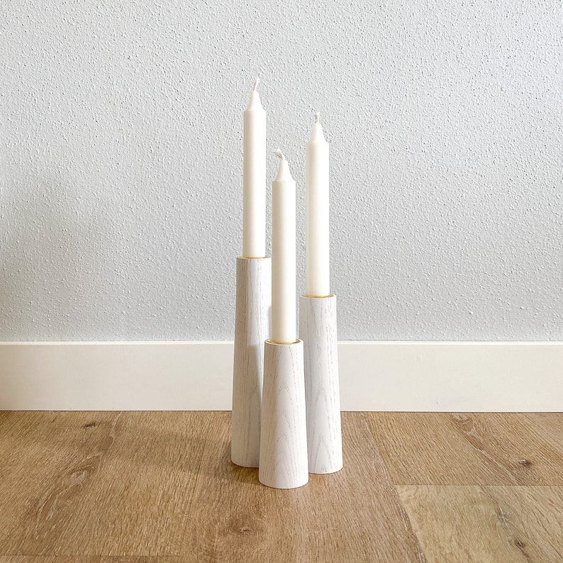 White Wood Taper Candle Holder Set Mid Century Modern Etsy