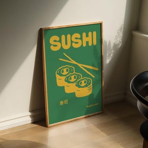 Sushi Print – Japanese Dumpling Kitchen Wall Art, Modern Food Poster, Asian Cuisine Illustration, Blue & Yellow Retro Artwork