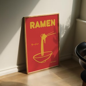 Ramen Print – Japanese Dumpling Kitchen Wall Art, Modern Food Poster, Asian Cuisine Illustration, Blue & Yellow Retro Artwork