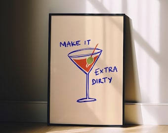 Make It Extra Dirty Martini Art Print – Minimal Cocktail Print Fun Kitchen Poster, Bar Decor, Clinking Glasses Illustration, Modern  Artwork