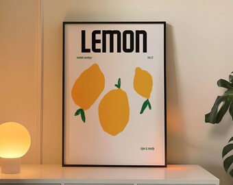 Lemon Wall Art – Retro Fruit Poster, Minimalist Kitchen Print, Farmers Market Style, Yellow Citrus Decor