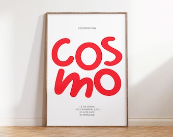 Cosmopolitan Cocktail Recipe Poster | Wall Art | Retro | Typo Home Decor | cocktail, cute, trendy, minimalist, kitchen, bar colourful, drink