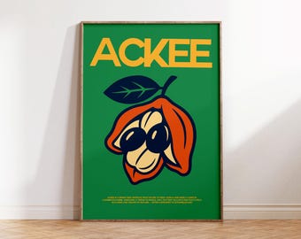 May include: A green poster with the word "ACKEE" in yellow letters. A stylized illustration of an ackee fruit with a red husk and black seeds is shown on the poster. The text below the illustration reads: "ACKEE IS A BRIGHT RED TROPICAL FRUIT NATIVE TO WEST AFRICA AND WIDELY LOVED IN CARIBBEAN CUISINE. WHEN RIPE, IT OPENS TO REVEAL SOFT, BUTTERY YELLOW FLESH THAT'S MILD BUT LIME-LIKE IN FLAVOR. IT'S A POPULAR INGREDIENT IN JAMAICAN COOKING, AND A FAVORITE IN "ACKEE AND SALT FISH", A TRADITIONAL JAMAICAN BREAKFAST DISH."