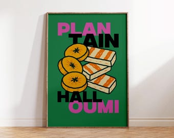 Plantain & Halloumi Wall Art – Bold Food Print, Afro-Caribbean Inspired Kitchen Poster, Funky Typography Art