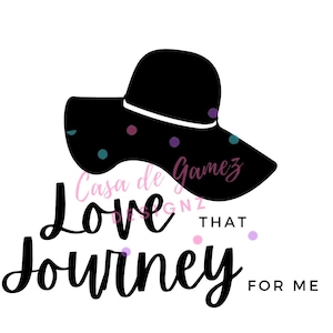 May include: Black and white graphic design with a large black sunhat with white trim and colorful polka dots. The text "Love that journey for me" is written in a cursive font below the hat.