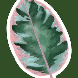 May include: A single leaf with a pink and green watercolor design. The leaf is painted in a realistic style with a central vein running down the center.