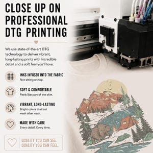 The image is an advertisement for professional DTM (Digital Print on demand) printing, showcasing a close-up of a printer and a detailed illustration of a forest scene.
