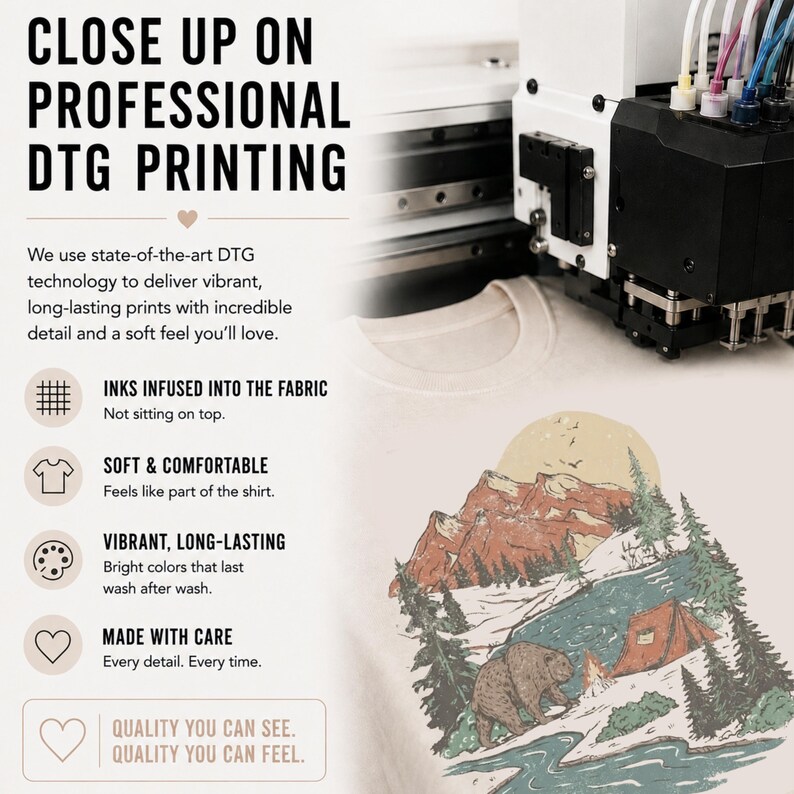 The image is an advertisement for professional DTM (Digital Print on demand) printing, showcasing a close-up of a printer and a detailed illustration of a forest scene.