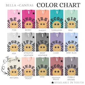 Color chart for a collection of t-shirts with a smiling face design.