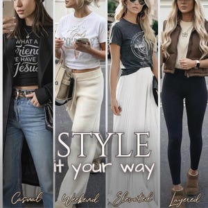 The image is a collage of four fashion photos featuring different styles of clothing and accessories.