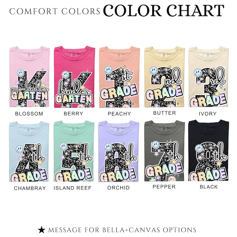 May include: A color chart displays various t-shirts in different colors, each featuring a grade level design. The shirts are labeled with colors like Blossom, Berry, Peachy, and Black. The text "COMFORT COLORS COLOR CHART" is at the top.