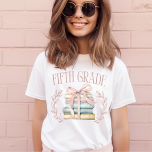 Coquette Fifth Grade Shirt, Pink Ribbon 5th Grade Tee for Girls, Kids First Day of School TShirt, Child Back to School Book Lover T shirt