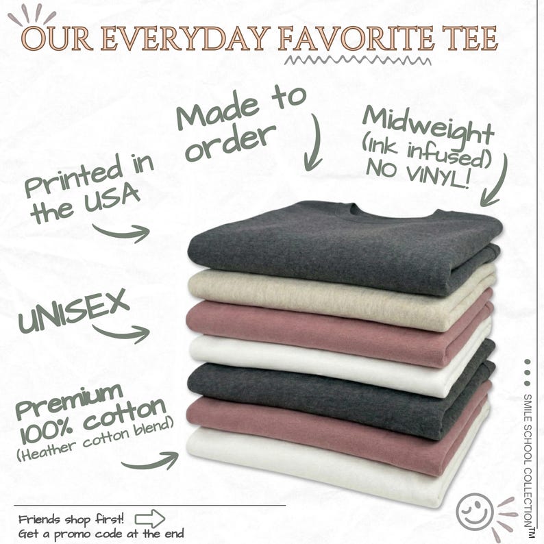 The image is a promotional poster for a "Our Everyday Favorite Tee". It features a stack of various colored shirts, including black, gray, pink, and white, with text highlighting the features of the shirts.
