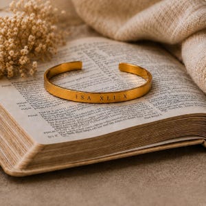 Gold Christian Bracelet, Bible Verse Bangle, Engraved Faith Bracelet, Roman Numeral Scripture Jewelry, Christian Gift for Women