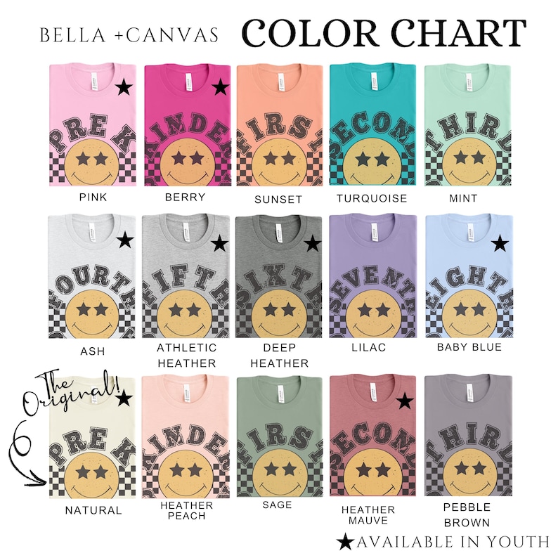 Color chart for a collection of t-shirts with a smiling face design.