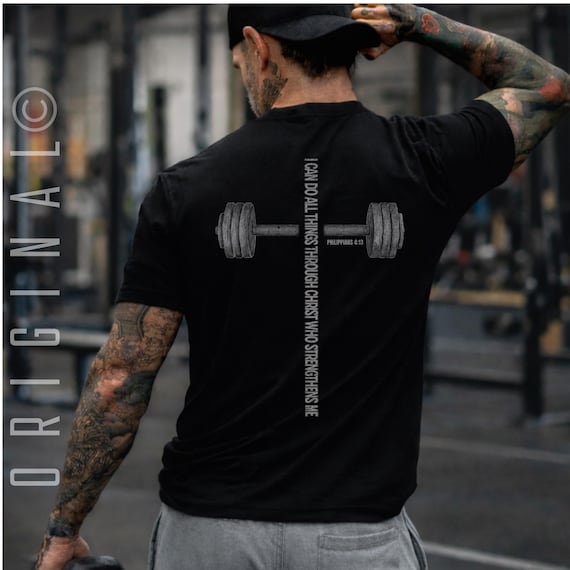 Christian Gym Shirt for Men, Faith Fitness Tshirt, Bible Verse Workout Tee, Religious Gift, Christian Athlete Shirt, Philippians 4:13